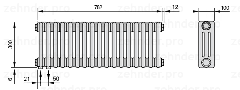 Схема (чертеж) Радиатор Zehnder Charleston 3030/17 №3370 Белый глянцевый RAL 9016